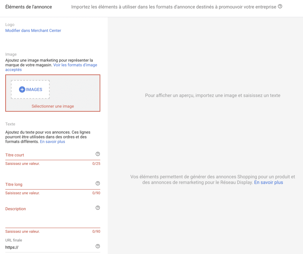 Paramétrage d'une annonce Smart Shopping Google