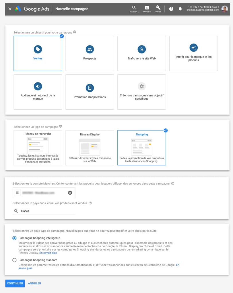 Paramétrage d'une campagne Smart Shopping Google