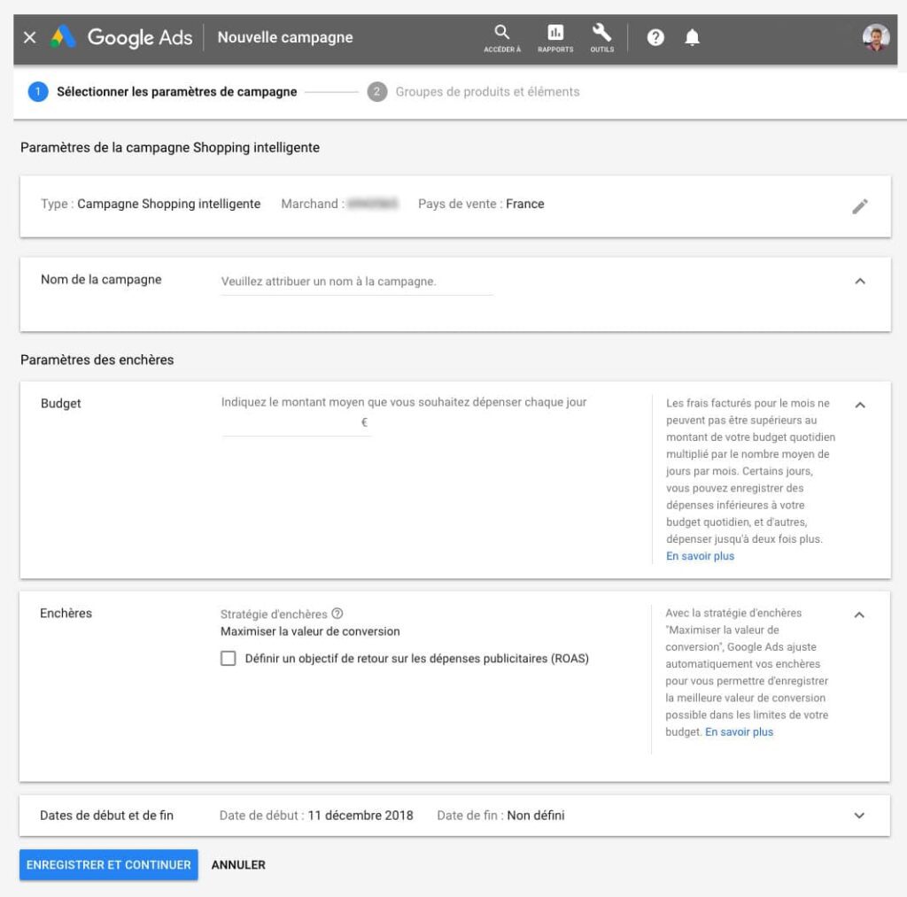 Paramétrage d'une campagne Shopping intelligente