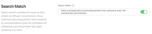 Activation du Search Match sur Apple Search Ads au niveau de l’agroup